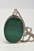 A SILVER PENDANT NECKLACE, the pendant of an oval form, one side set with blue john fluroite, the