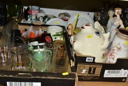 THREE BOXES OF MISCELLANEOUS CERAMICS AND GLASSWARE, including vases, mugs, celery vase, pig
