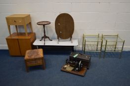A PAIR OF BRASS GLASS TOP BEDSIDE TABLES, a Formica top coffee table, teak record cabinet, light oak