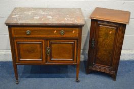 AN EDWARDIAN MAHOGANY AND INLAID WASHSTAND, marble top, single drawer and two cupboard drawers,