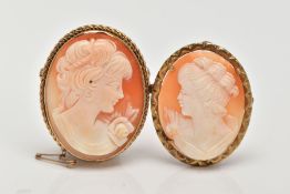 TWO 9CT GOLD CAMEO BROOCHES, the first of an oval form, depicting a lady in profile, rope twist