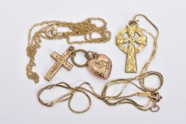 A 9CT GOLD CHAIN WITH A ROLLED GOLD CROSS PENDANT, A YELLOW METAL CHAIN AND TWO CHARMS, the flat s-