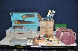 A WOODEN CARPENTERS TOOLBOX, a plastic toolbox and a box containing tools including a Record no