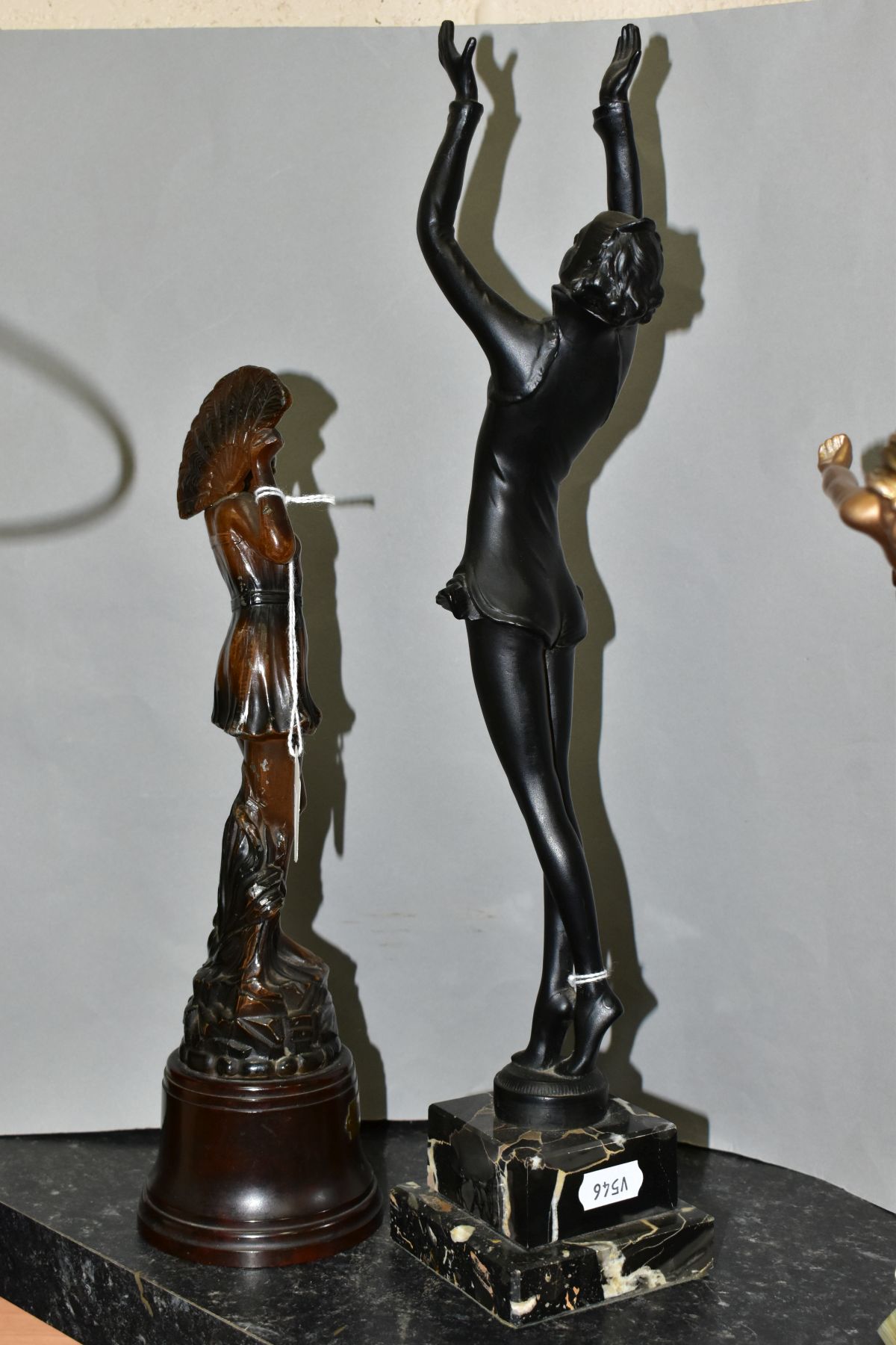 ART DECO STYLE FIGURINES, comprising a bronzed metal scantilly clad female on an onyx plinth, - Image 10 of 11