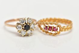 TWO 9CT GOLD GEM SET RINGS, the first of a rope twist design set with three circular cut rubies,