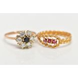 TWO 9CT GOLD GEM SET RINGS, the first of a rope twist design set with three circular cut rubies,