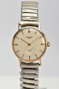 A GENTS 9CT GOLD 'LONGINES' WRISTWATCH, hand wound movement, round cream dial signed 'Longines',