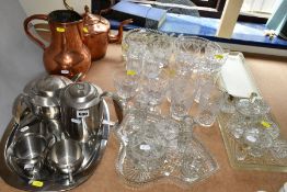 A QUANTITY OF GLASSWARE, COPPER AND STAINLESS, including a boxed Chance glass rectangular platter,