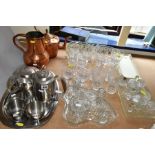 A QUANTITY OF GLASSWARE, COPPER AND STAINLESS, including a boxed Chance glass rectangular platter,