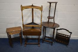 SIX VARIOUS PIECES OF OAK FURNITURE, to include a nest of three tables, drop leaf occasional