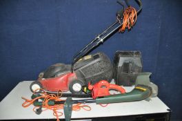 A CHALLENGE ELECTRIC LAWN MOWER with grass box, a Sovereign electric Hedge Trimmer (both PAT pass
