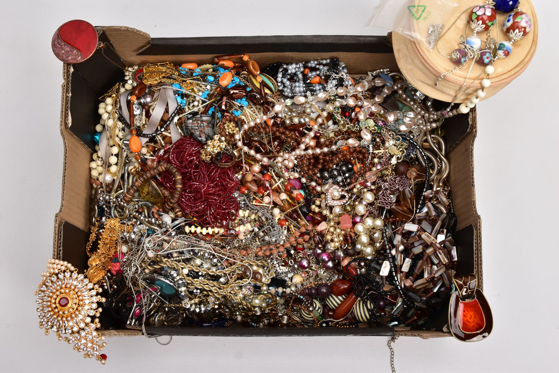 A BOX OF COSTUME JEWELLERY, to include pieces such as a white metal fine curb link chain fitted with