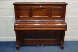 A HARCOURT MAHOGANY STRAIGHT STRUNG UPRIGHT PIANO, width 141cm