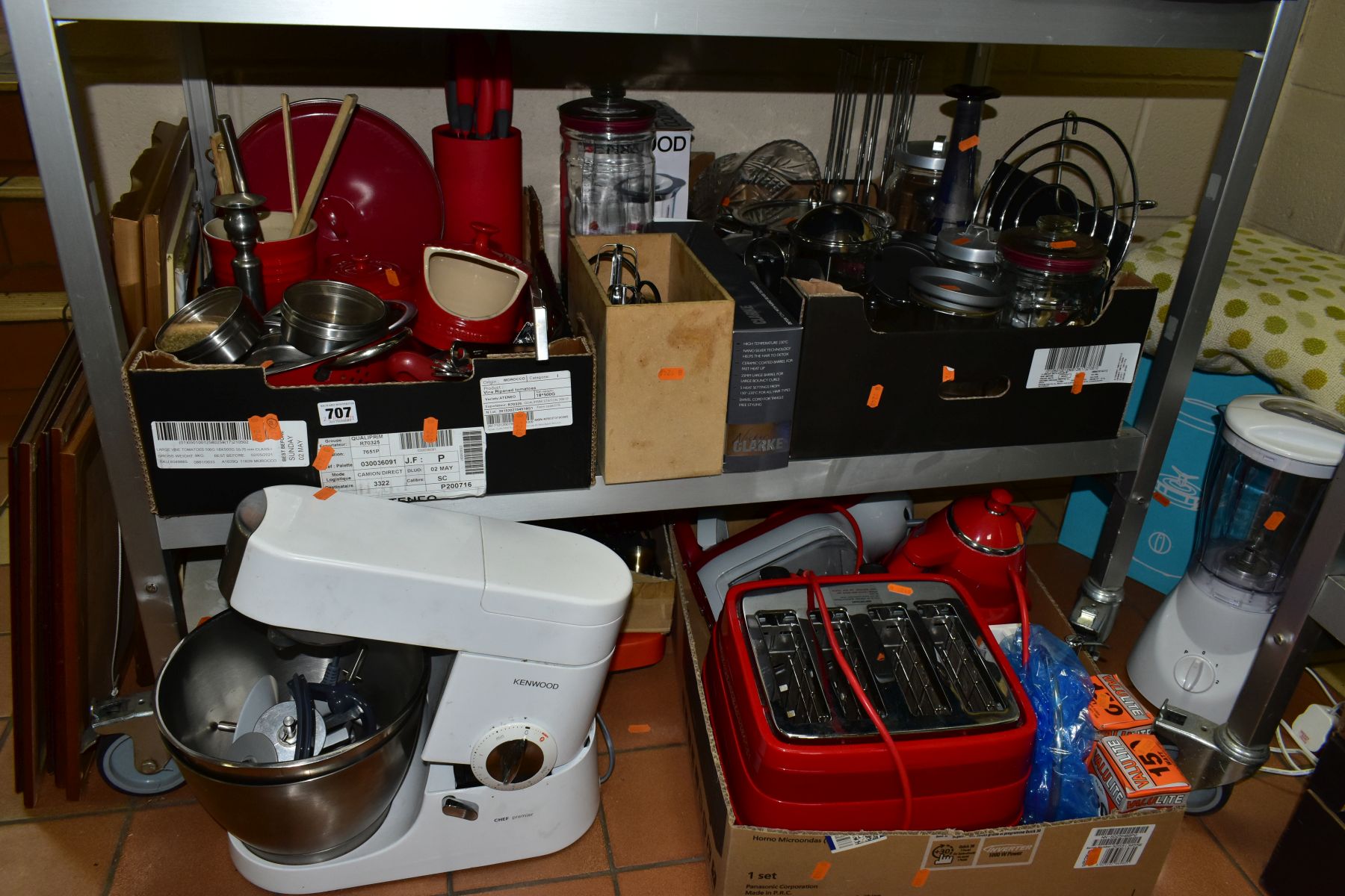 THREE BOXES AND LOOSE OF KITCHEN WARE, including red Le-Creuset tea pot, butter dish and cover,