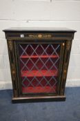 A VICTORIAN EBONISED AND MARQUETRY INLAID PIER CABINET, with ormolu mounts, two fixed shelves, red