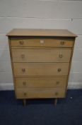 A TALL MID 20TH CENTURY TEAK CHEST OF FIVE DRAWERS, width 80cm x depth 48cm 115cm and a matching