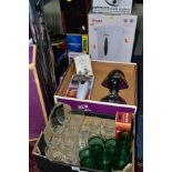 FIVE BOXES OF GLASSWARE, METALWARE, COLLECTABLES, HOUSEHOLD SUNDRIES AND BOXED KITCHEN APPLIANCES,