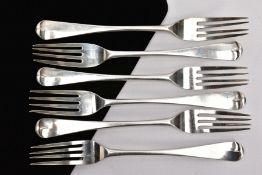 A SET OF SIX GEORGE IV SILVER FORKS, each of an Old English pattern design, engraved monograms to