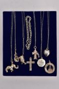 SIX WHITE METAL PENDANT NECKLACES, TWO LOOSE PENDANTS AND A BRACELET, the six pendants in forms such