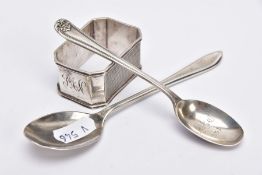 A SILVER NAPKIN RING AND TWO TEASPOONS, the napkin ring of a rectangular form, engine turn design,