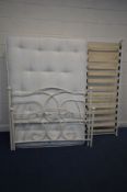 A MODERN WHITE METAL BED FRAME with a slatted base and a 4ft6 Sealy Posturepedic mattress (2)