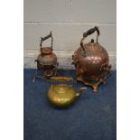 TWO COPPER SPIRIT KETTLES, on stands, one missing burner, and a brass kettle (3)
