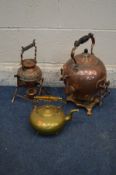 TWO COPPER SPIRIT KETTLES, on stands, one missing burner, and a brass kettle (3)