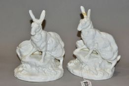 TWO 19TH CENTURY CONTINENTAL PORCELAIN SPILL VASES, each modelled as aHare standing on a rocky bank,