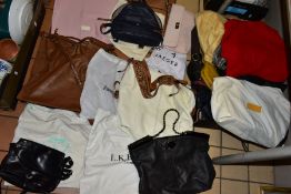 A BOX OF LADIES HANDBAGS AND PURSES etc, including Russell & Bromley with dust bag, Tula, Radley,