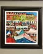 KATHARINE DOVE (BRITISH CONTEMPORARY) 'SALISBURY MARKET' a colourful depiction of a street scene,