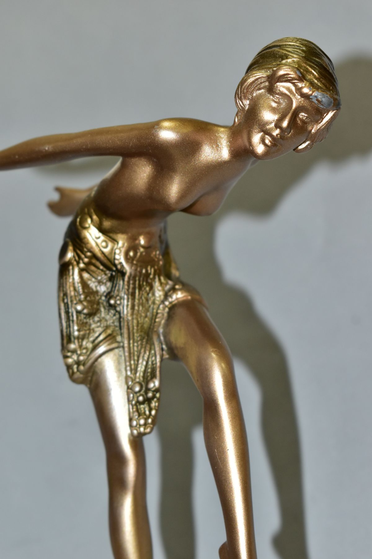 ART DECO STYLE FIGURINES, comprising a bronzed metal scantilly clad female on an onyx plinth, - Image 3 of 11