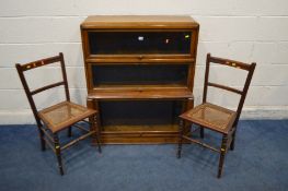 AN EARLY 20TH CENTURY OAK THREE SECTION BOOKCASE, with fall front glazed doors, width 90cm x depth