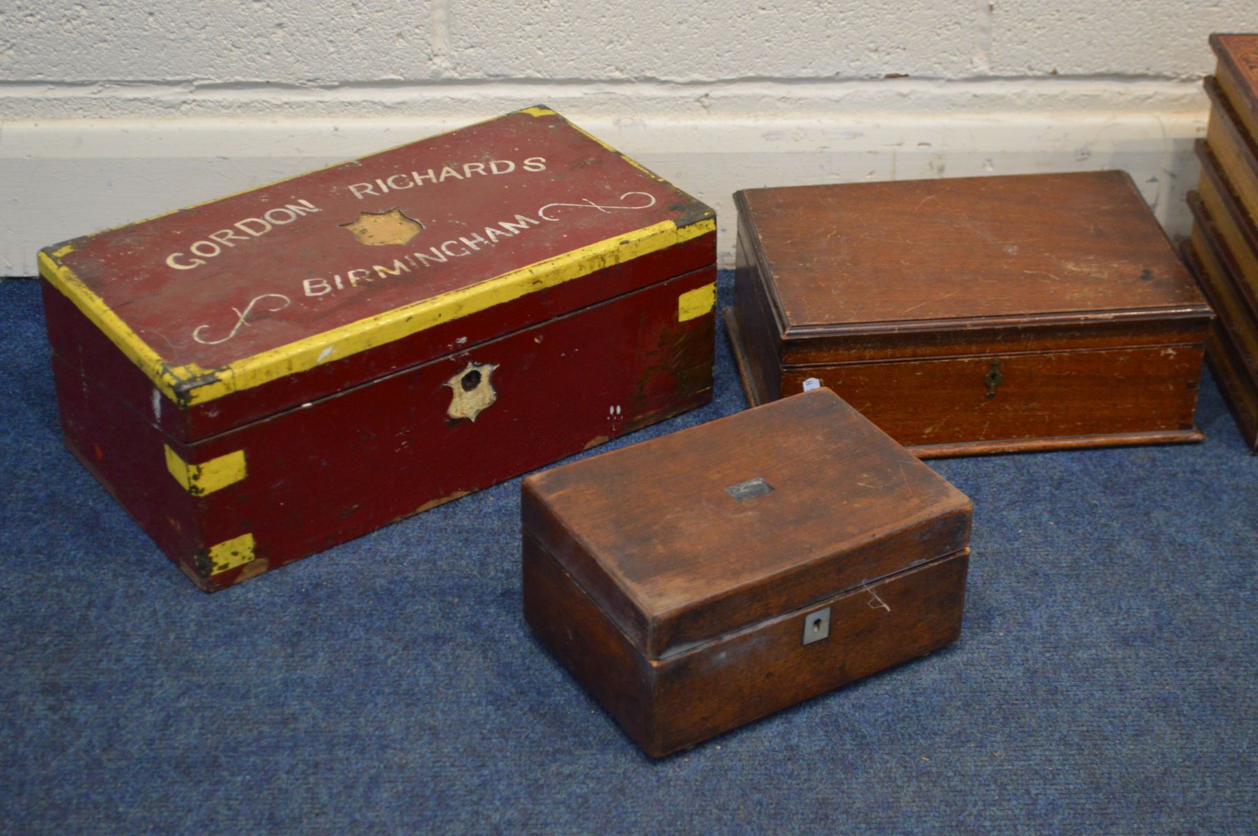 A DISTRESSED WRITING SLOPE later painted together with two mahogany jewellery boxes, a storage box - Image 2 of 5