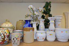 A GROUP OF JARDINIERES, STANDS, VASES, WASH BOWLS, ETC, to include H. Wood Ltd Indian tree vase, a