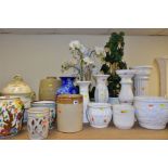 A GROUP OF JARDINIERES, STANDS, VASES, WASH BOWLS, ETC, to include H. Wood Ltd Indian tree vase, a