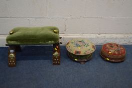 A CAMEL SADDLE STOOL with a green upholstered cushion together with two circular 19th century