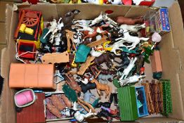 A QUANTITY OF BRITAINS AND TIMPO PLASTIC FIGURES, all in playworn condition and may be missing