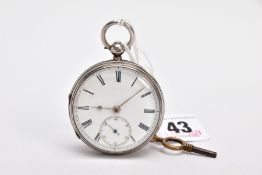 A MID VICTORIAN SILVER, OPEN FACE POCKET WATCH, white dial, Roman numerals, seconds subsidiary