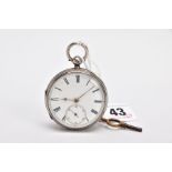 A MID VICTORIAN SILVER, OPEN FACE POCKET WATCH, white dial, Roman numerals, seconds subsidiary