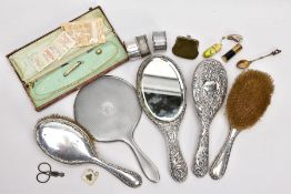 A BOX OF MISCELLANEOUS ITEMS, to include an AF silver hairbrush with an embossed floral design,