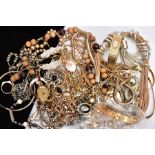 A BAG OF ASSORTED COSTUME JEWELLERY, to include a pair of oval shaped mother of pearl drop earrings,