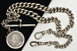 A DOUBLE GRADUATED SILVER ALBERT CHAIN WITH T-BAR AND A MOUNTED 1894 SHILLING, the graduated