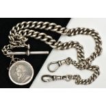 A DOUBLE GRADUATED SILVER ALBERT CHAIN WITH T-BAR AND A MOUNTED 1894 SHILLING, the graduated