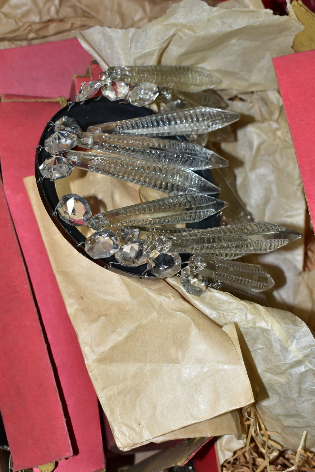 APPROXIMATELY TWENTY BOXED AND LOOSE GLASS LAMP LUSTRES, each with a circular metal frame with - Image 3 of 4