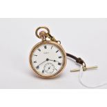A GOLD PLATED OPEN FACED 'WALTHAM' POCKET WATCH, white dial signed 'Waltham', Roman numerals,