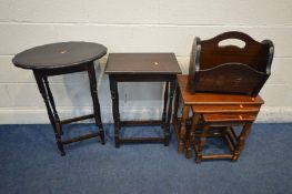 FOUR VARIOUS PIECES OF OAK OCCASIONAL FURNITURE, to include an oak nest of three tables, two