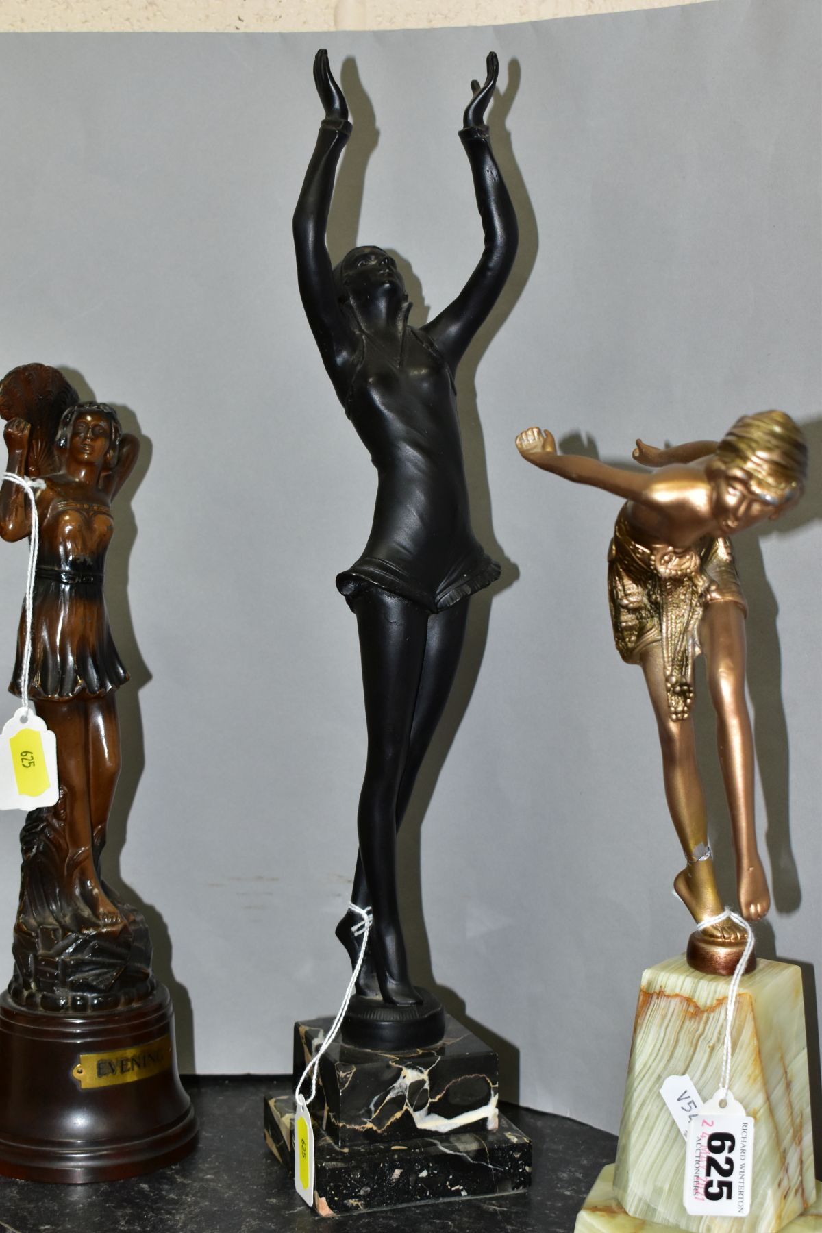 ART DECO STYLE FIGURINES, comprising a bronzed metal scantilly clad female on an onyx plinth, - Image 4 of 11