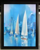 WILFRED LANG (DUTCH 1954) 'INTO THE BLUE' yachts under sail against a cityscape backdrop, signed