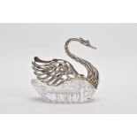 A SILVER CUT CRYSTAL FIGURAL SWAN TRINKET DISH, a silver pierced fancy swan to a cut crystal dish,