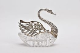 A SILVER CUT CRYSTAL FIGURAL SWAN TRINKET DISH, a silver pierced fancy swan to a cut crystal dish,